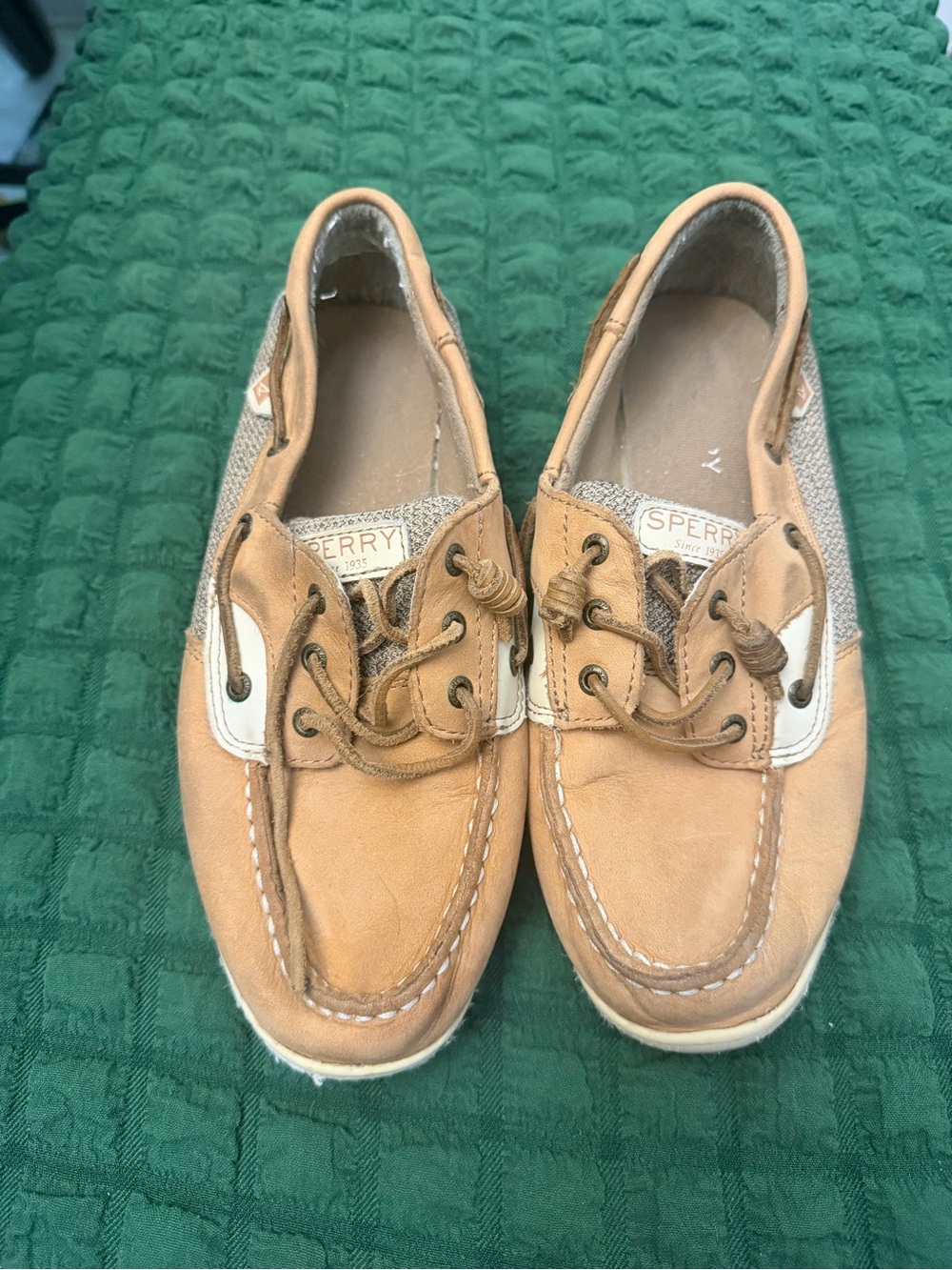 Sperry Kids Tan Leather Moccasins with White Trim